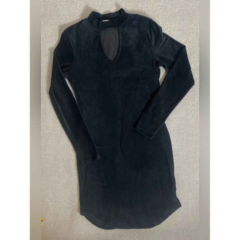Ultra Flirt Black Long Sleeve Key Hole Cutout Velvet Dress- Little Black Dress